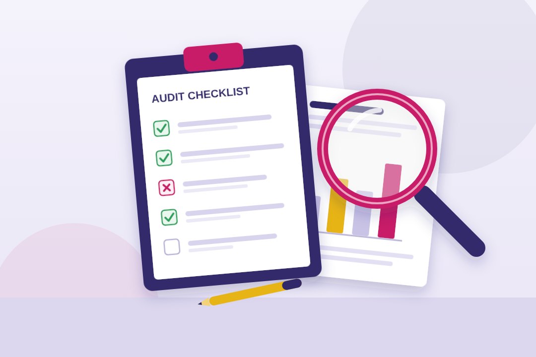 Illustration of an audit checklist, report and magnifying glass