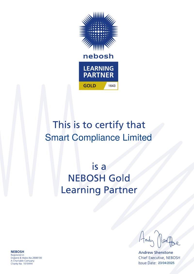 NEBOSH certificate confirming Smart Compliance Limited as a NEBOSH Gold Learning Partner, number 1643